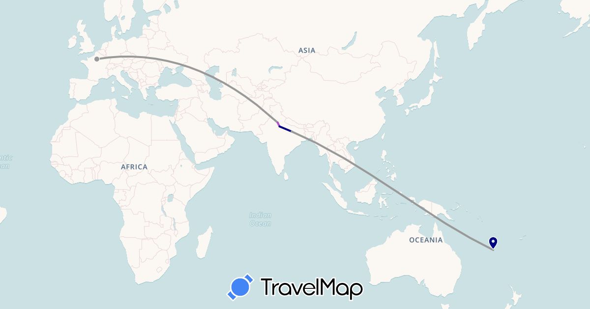 TravelMap itinerary: driving, plane, train in France, India, New Caledonia (Asia, Europe, Oceania)
